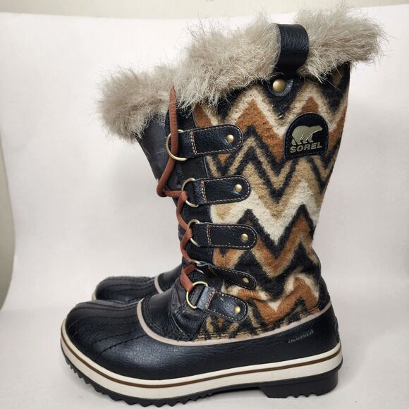 Sorel Tofino Winter Boots Waterproof Black Tan Chevron Womens Size 8 Faux Fur - Picture 3 of 12